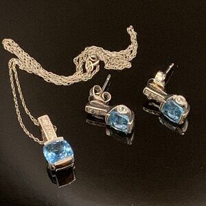 Blue Topaz 10K White Gold Necklace Pendant Earrings Set w/Diamonds NWOT J672